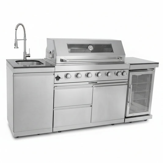 Outdoor Kitchen Island 85" 6-Burner 85000 BTU Deluxe Modular BBQ Island - Grill Islands W/Wine Cooler, Built in Combo outside Island + Rotisserie & Granite Top Outdoor Grill