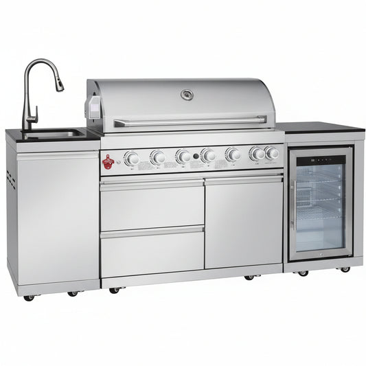 Outdoor Kitchen Island with Built in Grill, 6 Burner 83500 BTU Stainless Steel Gas Barbecue Island, Patio Cooking Station with Sink & Wine Cooler, Built in Grill Island for Backyard (Silver)