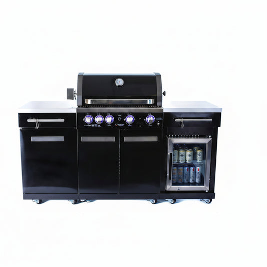 Premium 70"W Black Stainless Steel Outdoor Kitchen Island BBQ Gas Grill with Compact Refrigerator & Rotisserie Burner + Dual Sided Griddle Plate + Charcoal Tray + Natural Gas Conversion Kit